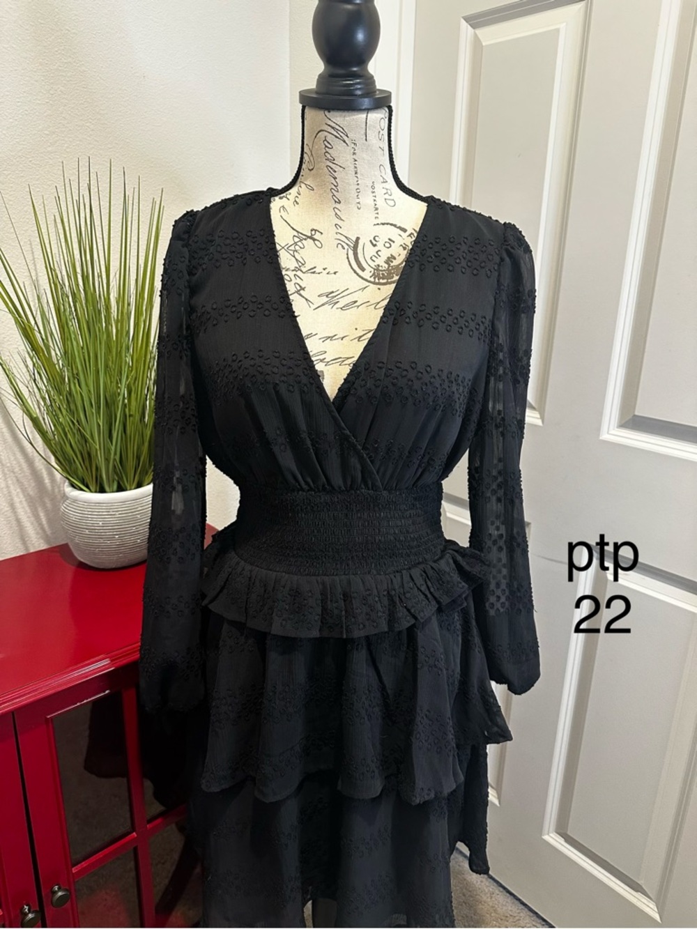 SHEIN Black Smocked Waist Tiered Long Sleeve Dress